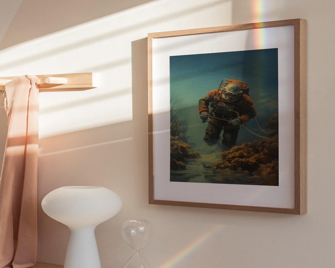 Vintage Deep Sea Diver Descending Ocean Floor Painting Poster - Image 3
