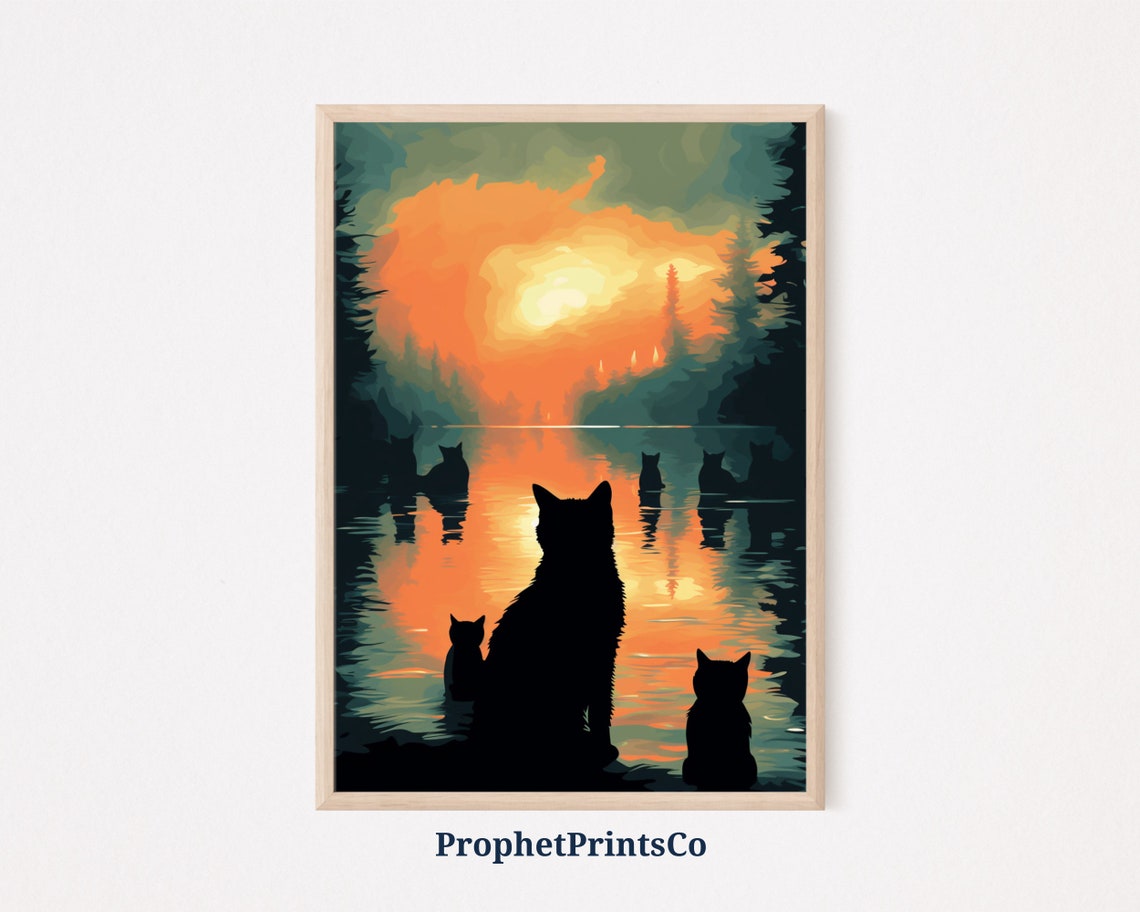 Black Cat Silhouettes Watching Sunset Over Forest Lake Poster
