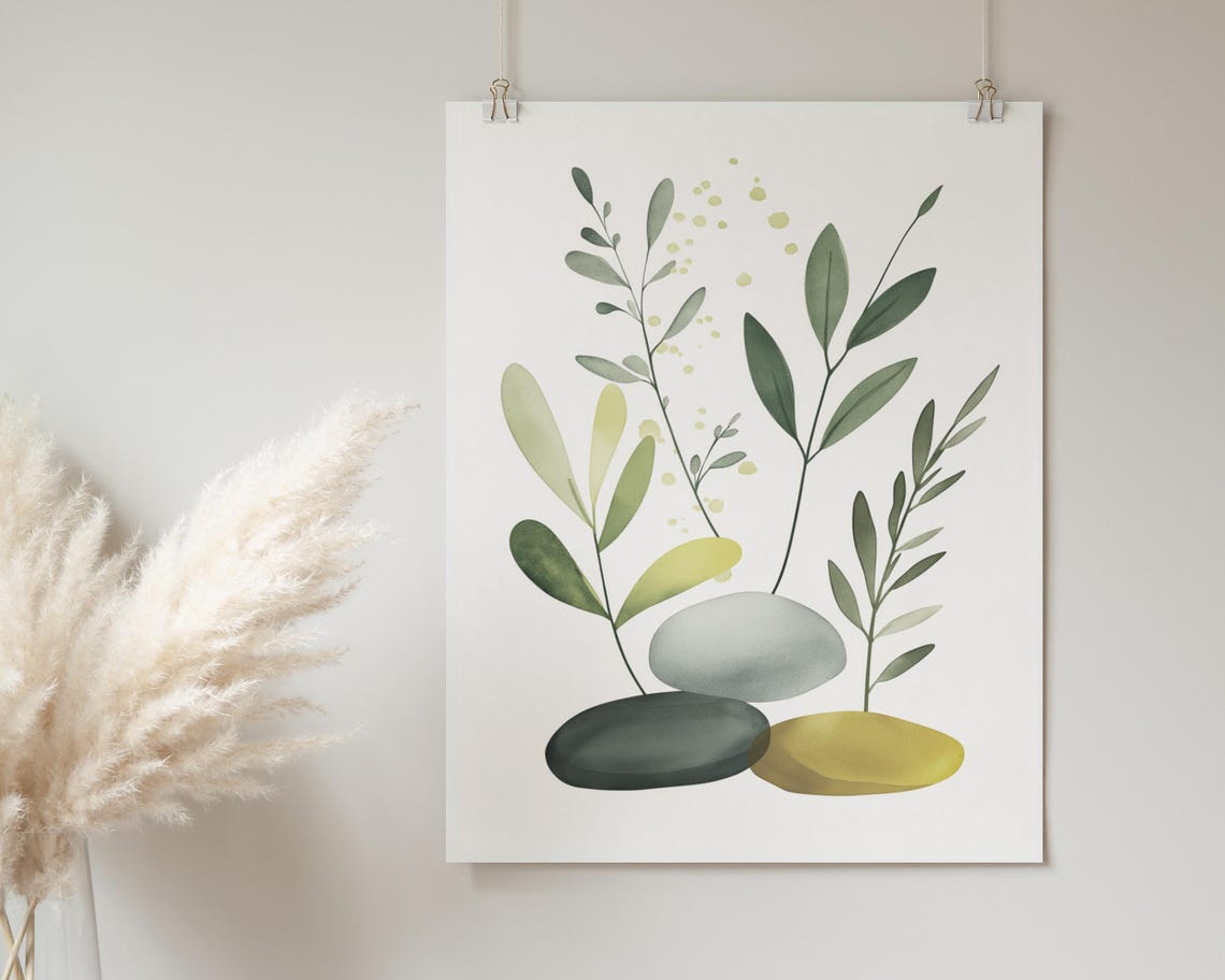 Zen Stones Minimal Watercolor Leaf Sprigs Natural Calm Decor Poster - Image 2