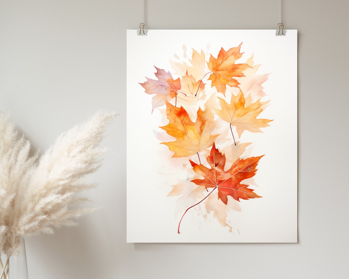 Watercolor Amber Maple Leaves on White Minimal Botanical Autumn Painting Poster - Image 2