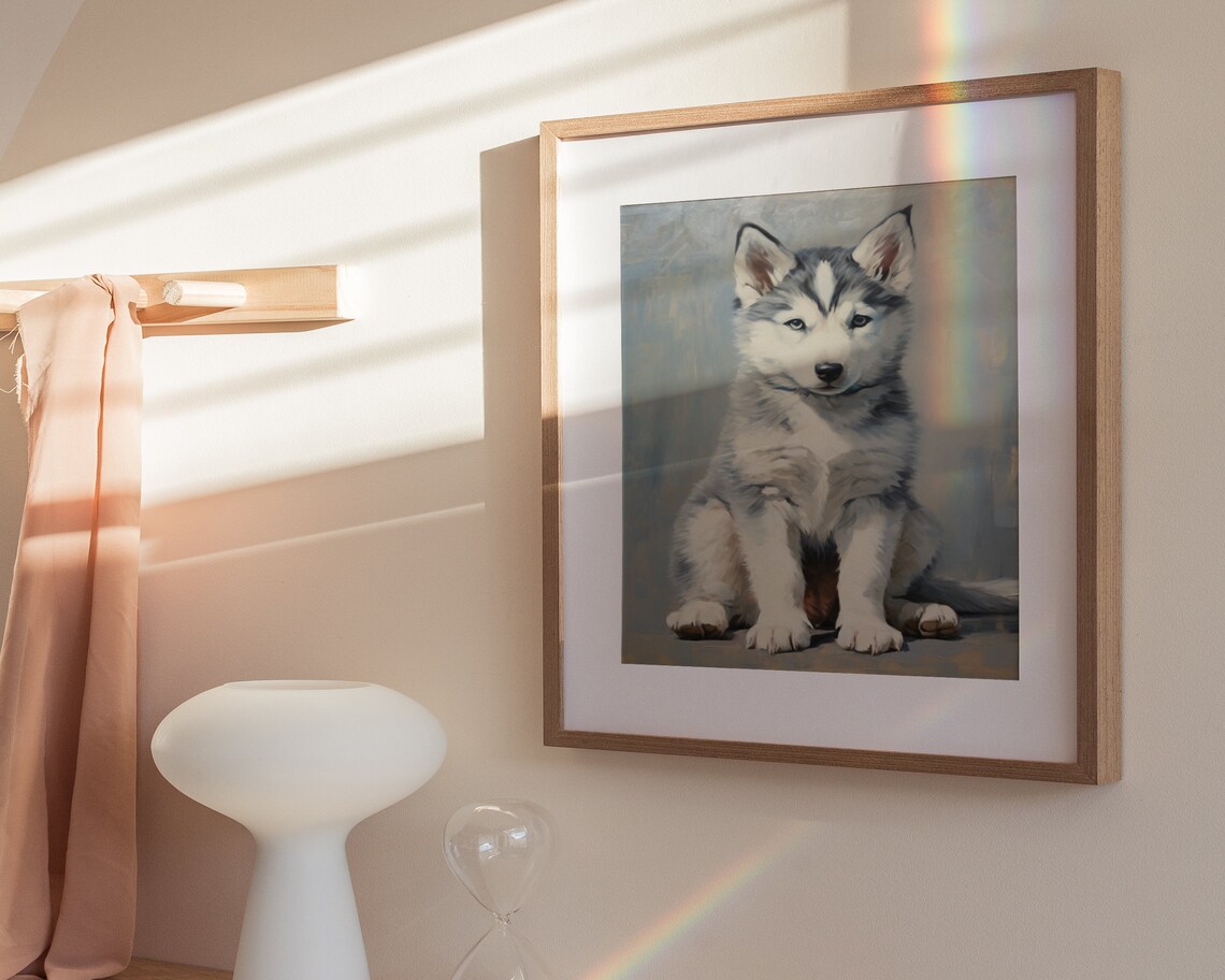Siberian Husky Puppy Sitting Portrait Soft Gray Vintage Puppy Painting Poster - Image 3