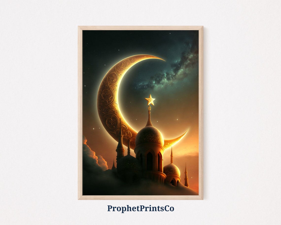 Glowing Golden Crescent Moon Over Mosque Domes Sunset Sky Art Poster
