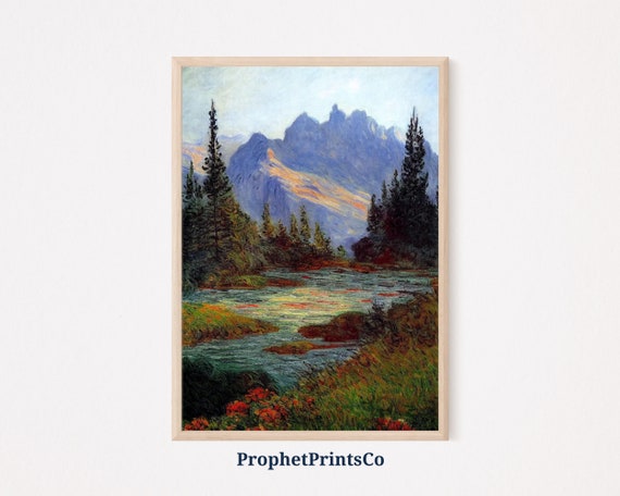 Rustic Mountain Landscape Poster Print Green Vintage Wall Art Inspired By Monet Art Home Dcor Wall Art