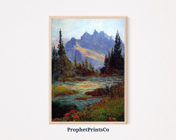 Scenic Mountain Valley Lake With Pines and Red Wildflowers Poster