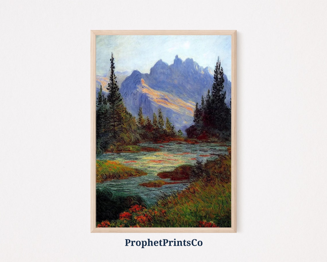 Scenic Mountain Valley Lake With Pines and Red Wildflowers Poster