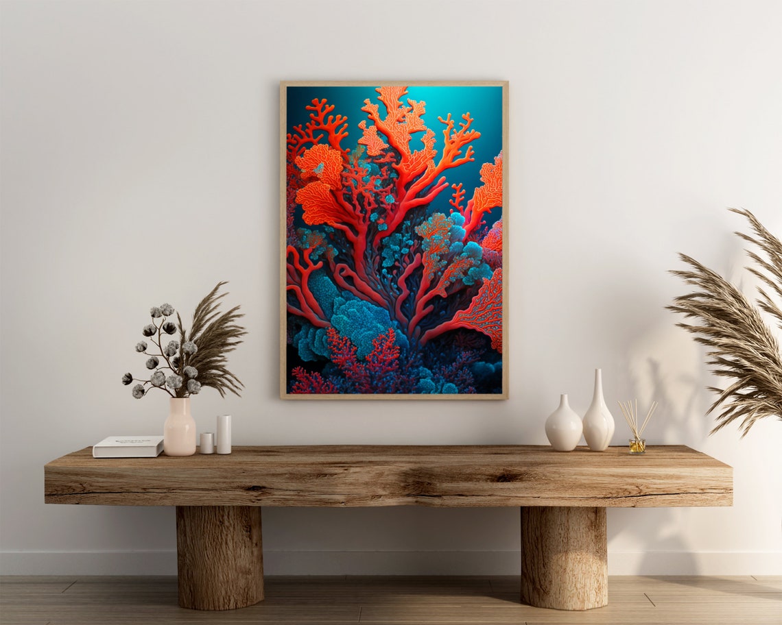 Vibrant Orange Coral Tree Against Teal Underwater Reef Poster - Image 3
