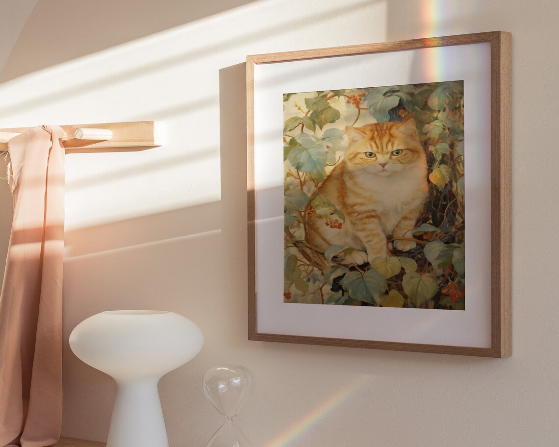 Ginger Cat Resting in Berry Vines Vintage Autumn Feline Portrait Painting Poster - Image 3