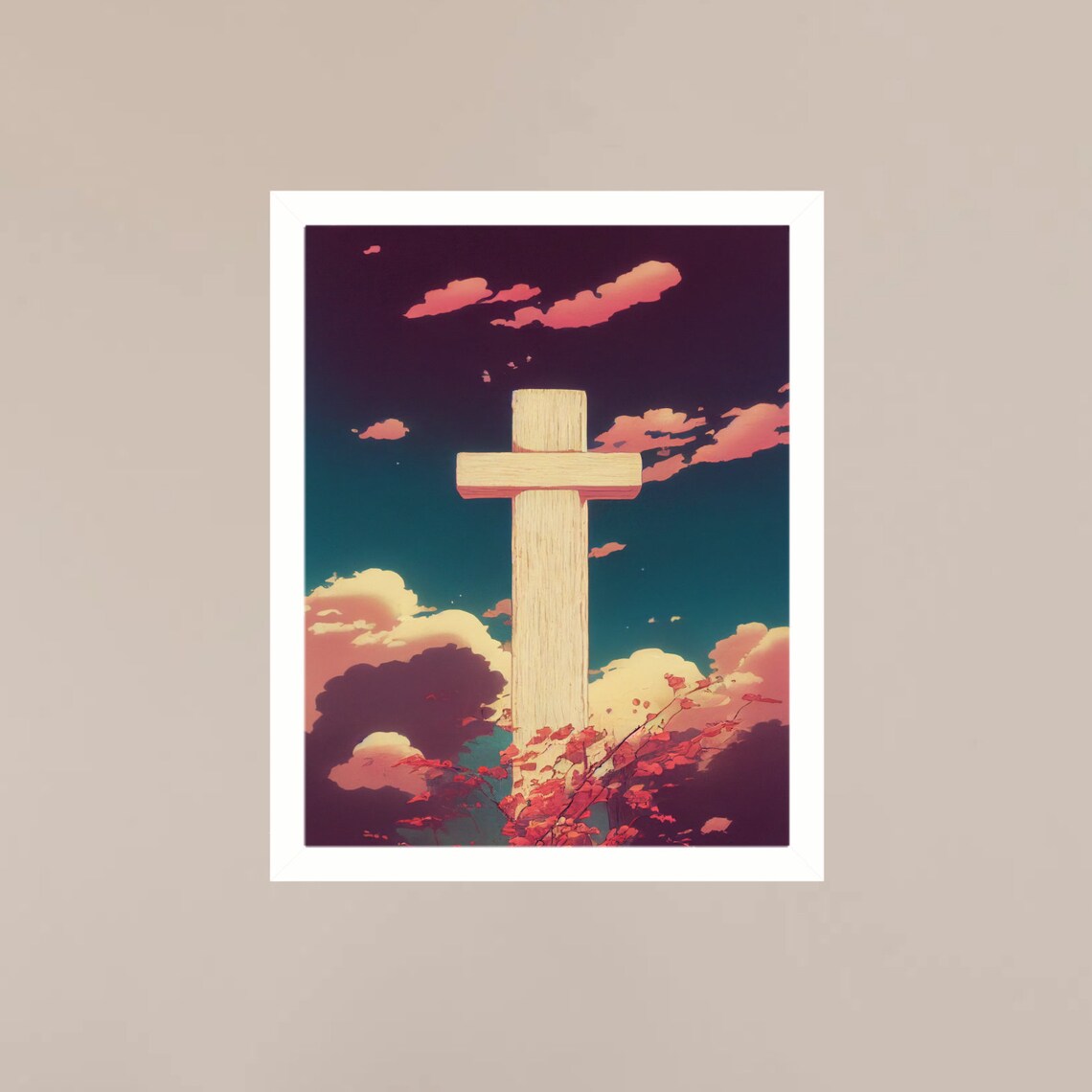 Wooden Cross Sunset Clouds Christian Faith Sky Painting Art Poster - Image 3