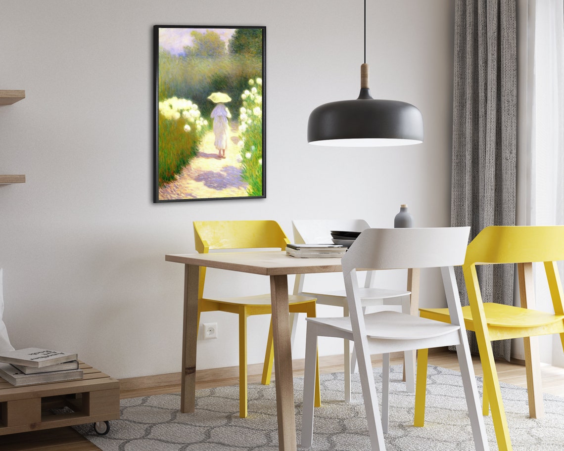 Woman With Parasol on a Sunny Flower Lined Path Painting Poster - Image 2