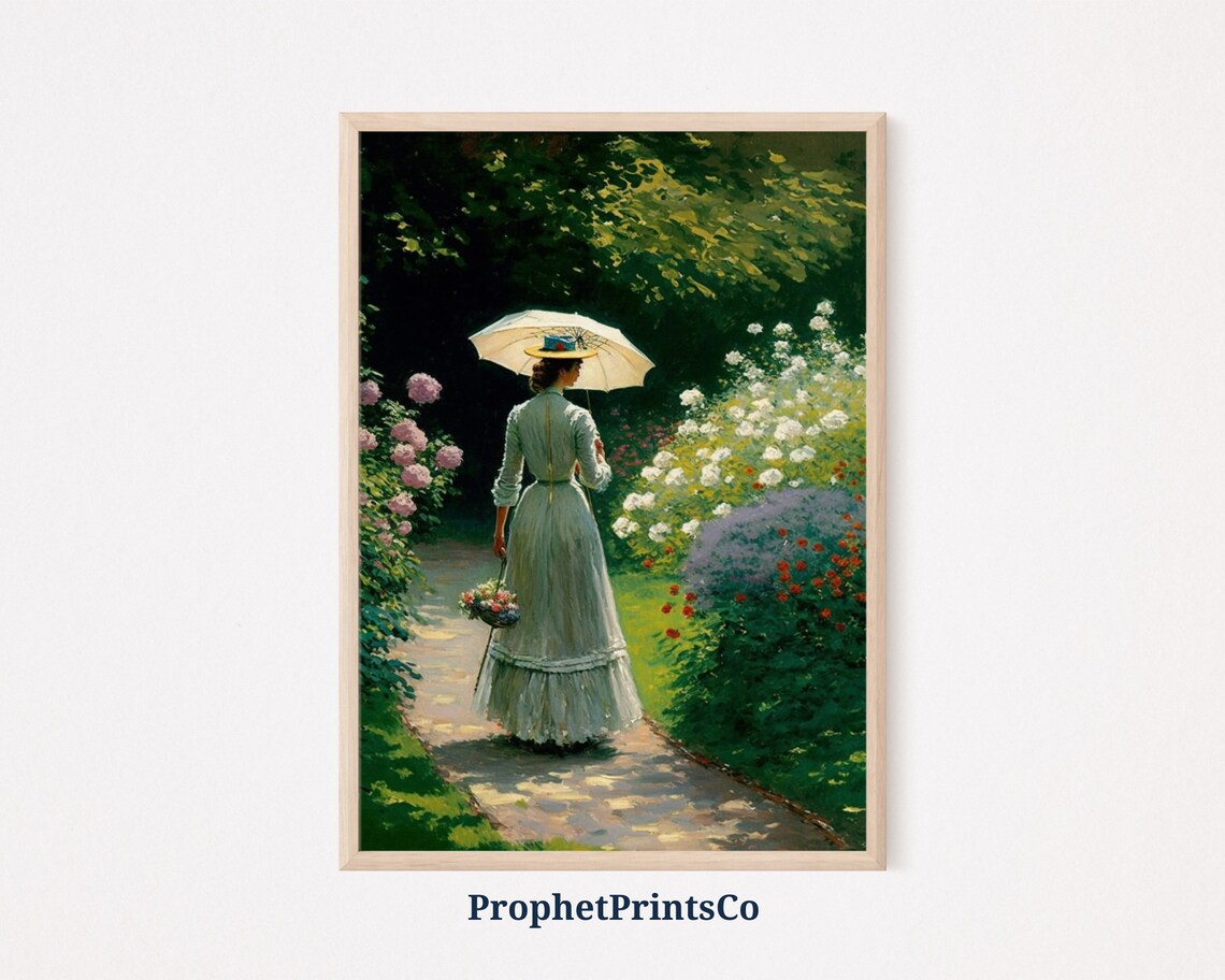Lady in White With Parasol and Flower Basket in a Garden Poster