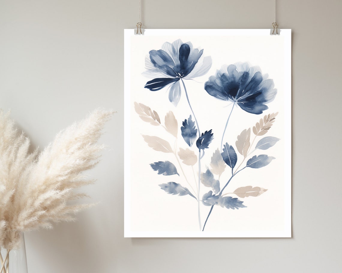 Blue Watercolor Wildflower Bouquet Minimalist Botanical Artwork Poster - Image 2