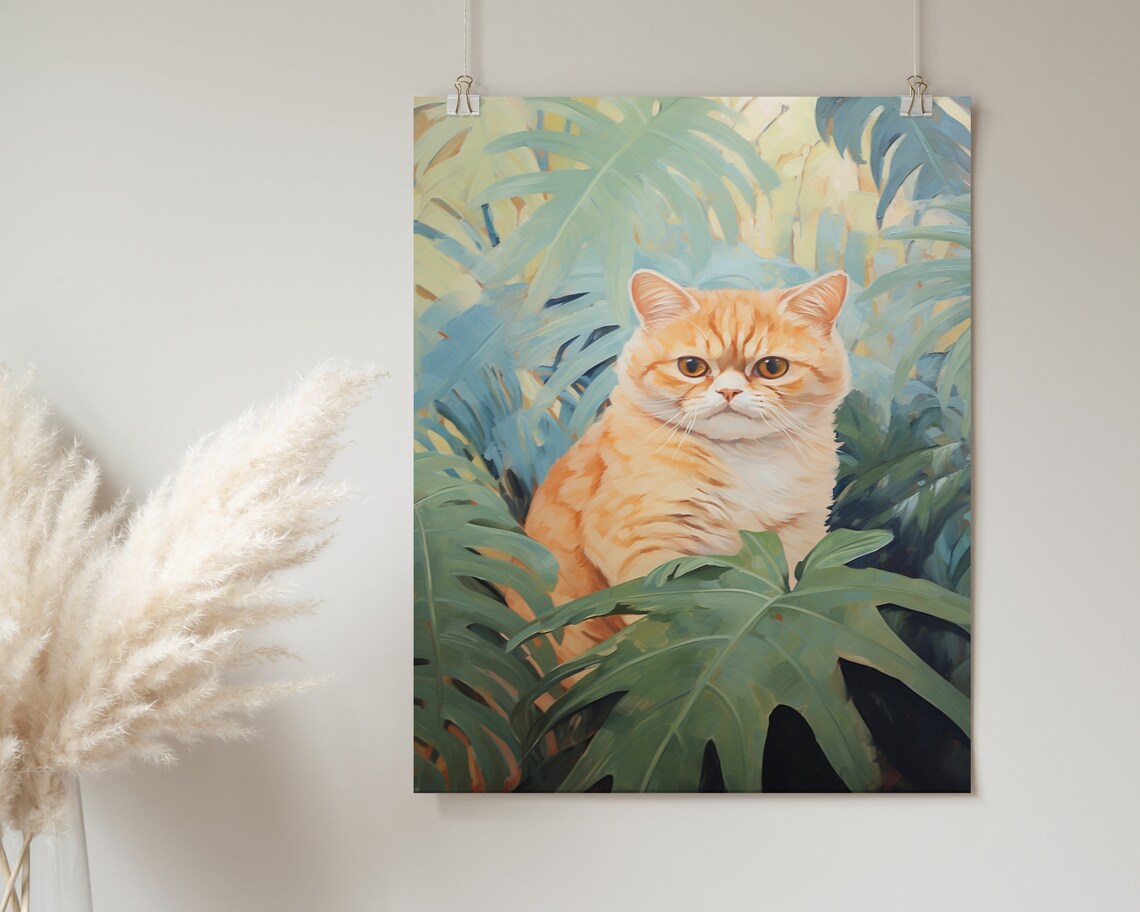 Ginger Cat Peeking Through Tropical Leaves Vintage Jungle Feline Painting Poster - Image 2