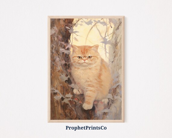Fluffy Ginger Cat in Autumn Tree Vintage Feline Portrait Oil Painting Poster