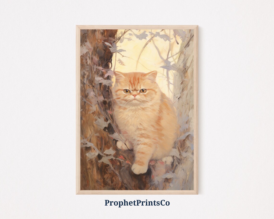 Fluffy Ginger Cat in Autumn Tree Vintage Feline Portrait Oil Painting Poster