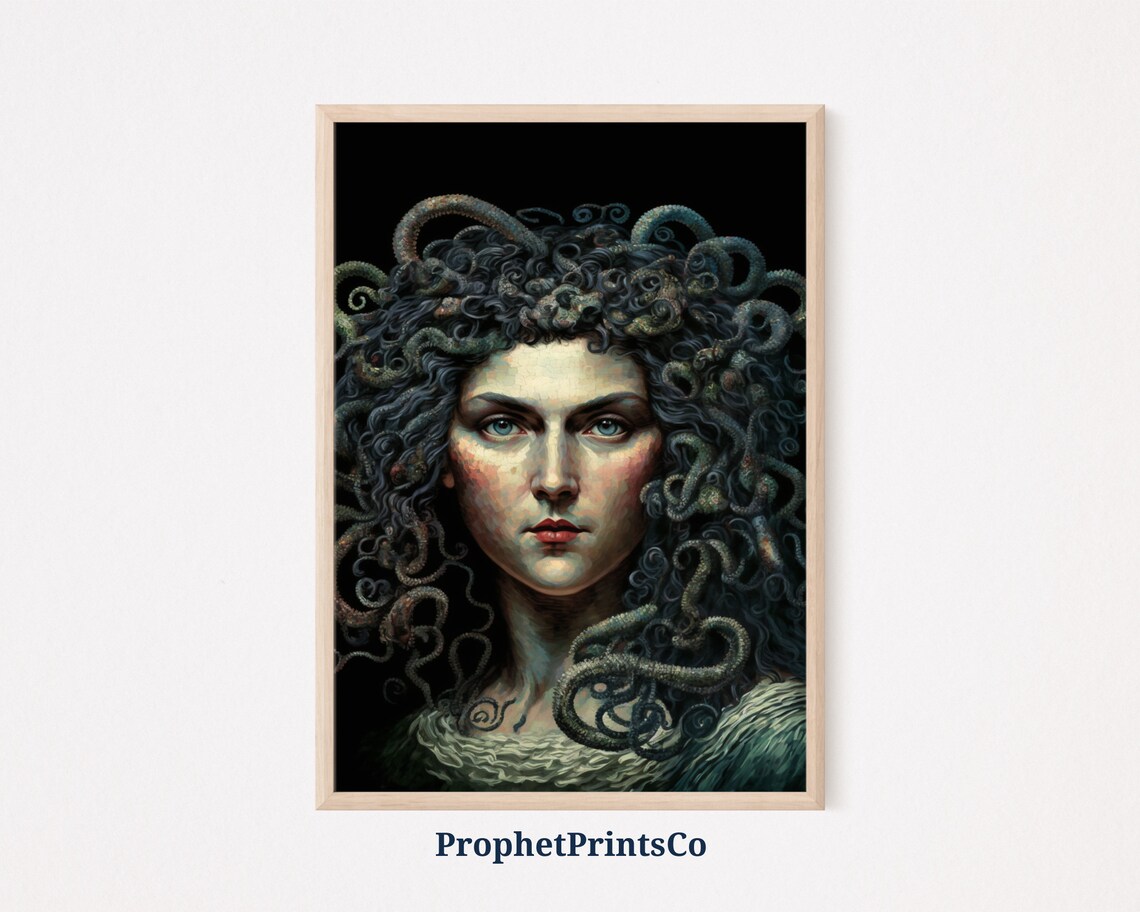 Medusa Front Portrait With Teal Snake Hair On Black Art Poster