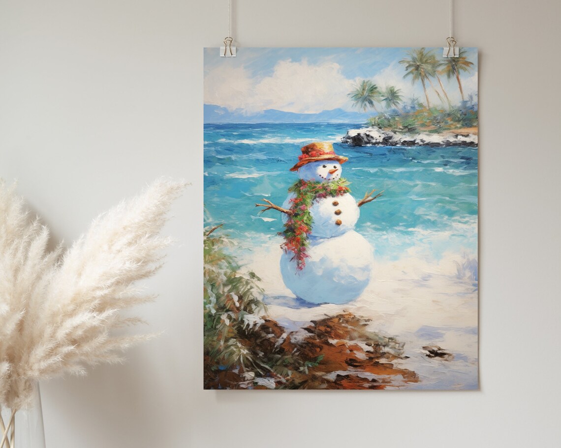 Snowman on Tropical Beach with Lei Vintage Hawaiian Christmas Painting Poster - Image 2