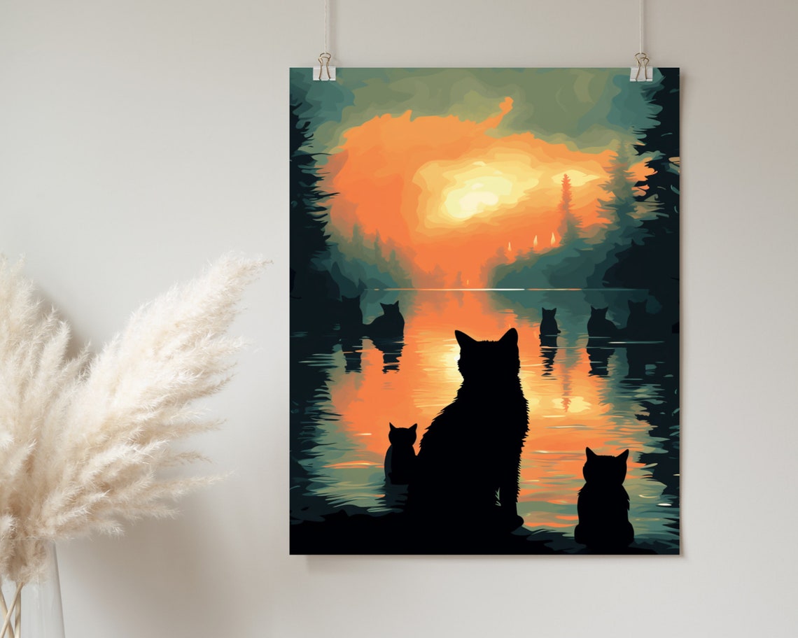 Black Cat Silhouettes Watching Sunset Over Forest Lake Poster - Image 2
