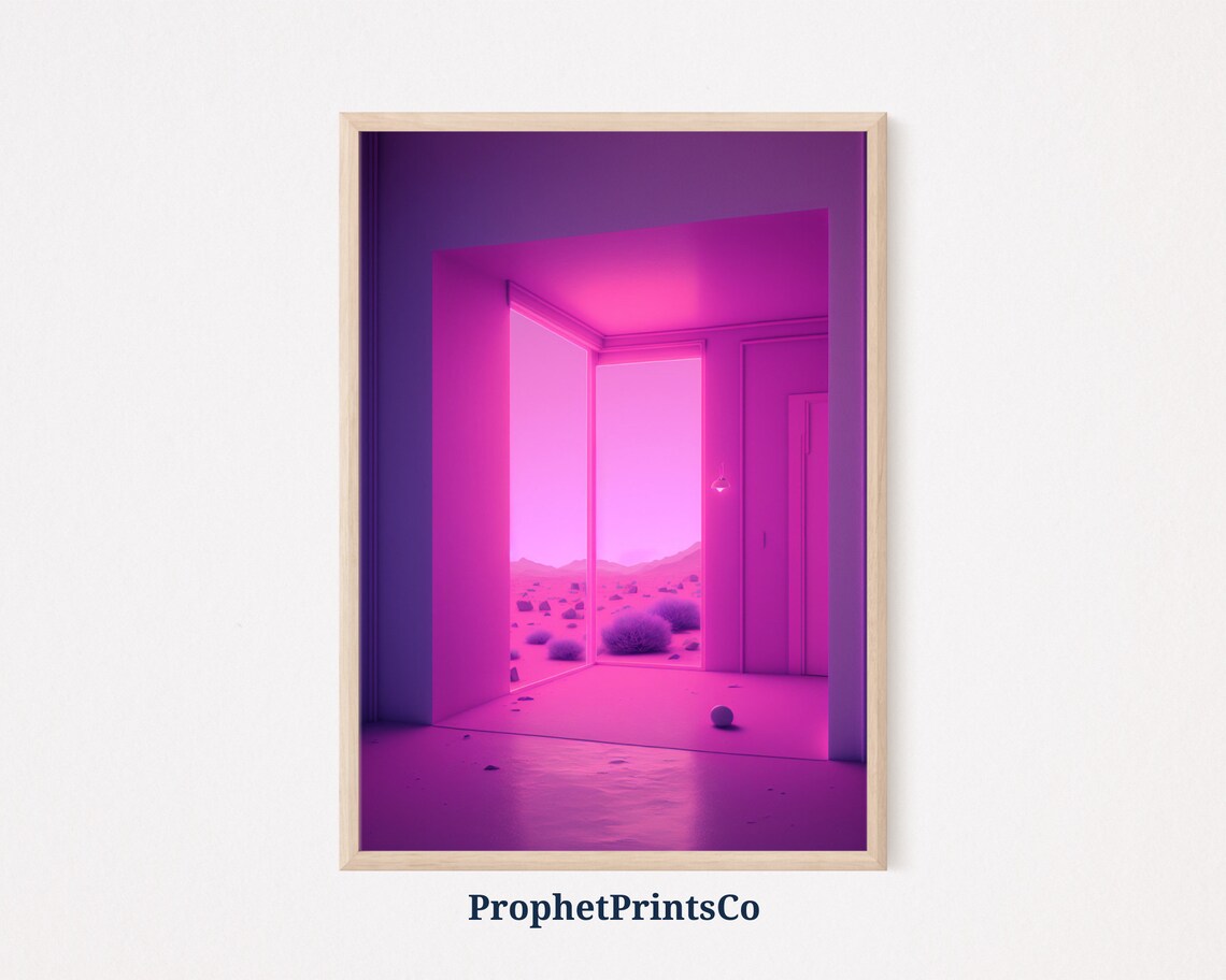 Neon Magenta Minimalist Room Desert View Surreal Interior Poster