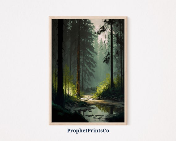 Rustic Forest Oil Painting Print Pine Tree Wall Art Nature Lover Gift Foggy Forest Home Dcor Wall Art Digitial
