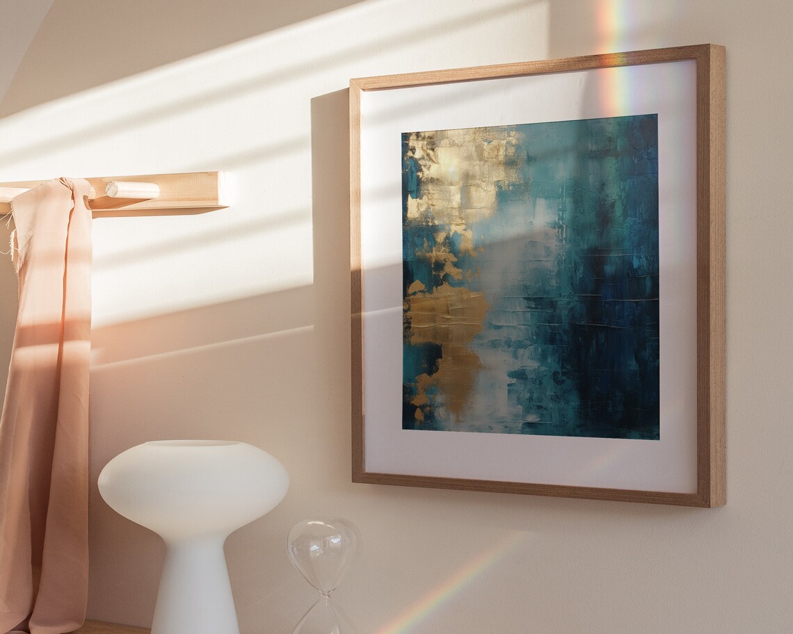 Teal Blue And Gold Leaf Abstract Painting Modern Elegant Wall Poster - Image 2