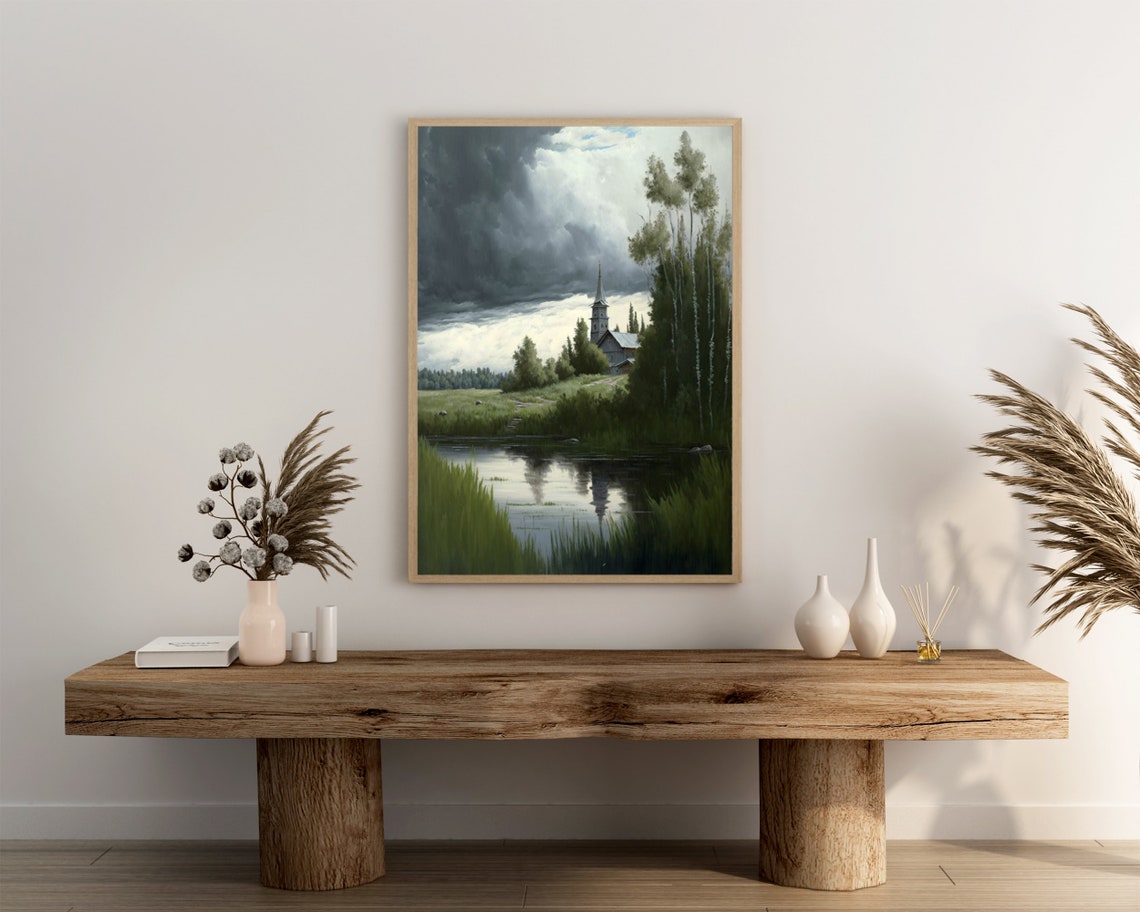 Orthodox Wooden Church Spire Lake Storm Clouds Moody Art Poster - Image 3