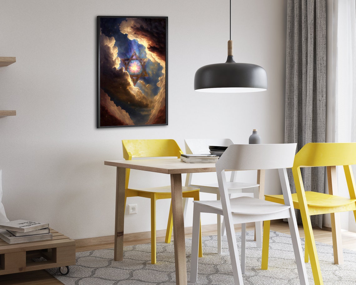 Celestial Star of David With Cosmic Light Burst in Clouds Poster - Image 2
