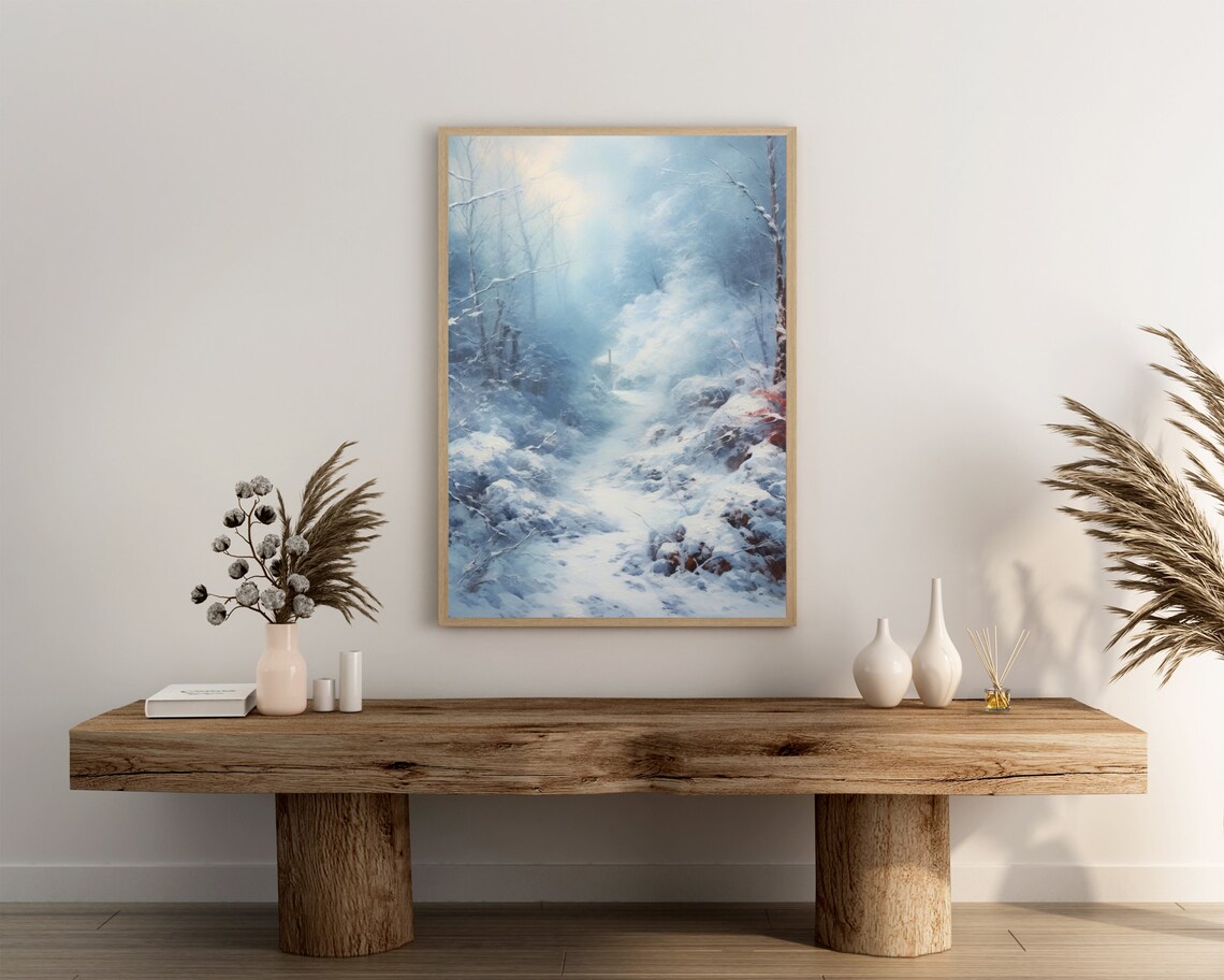 Winter Wonderland Trail Oil Painting Misty Snowy Woods Poster - Image 3
