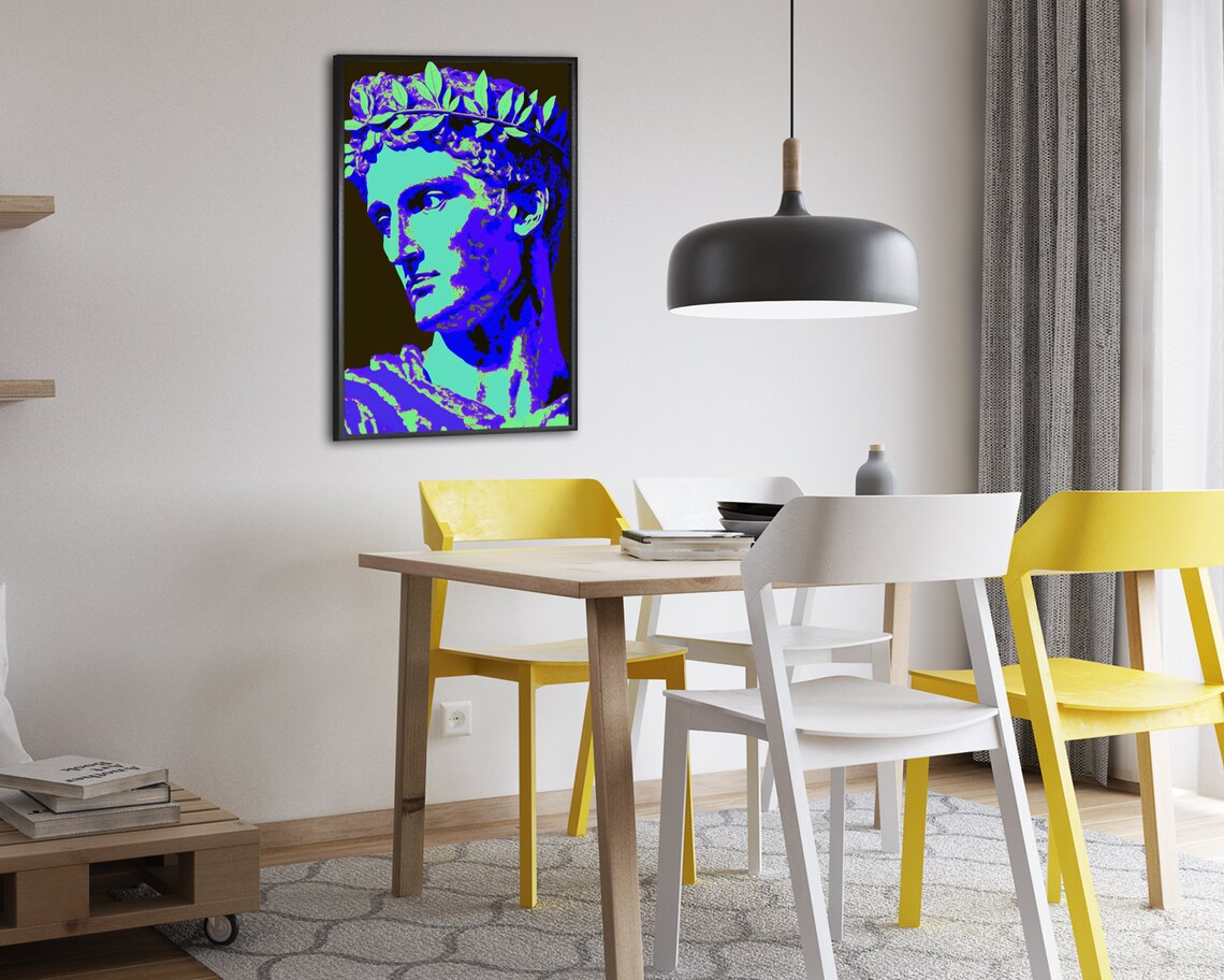 Julius Caesar With Laurel Wreath In Blue Neon Pop Art Poster - Image 2