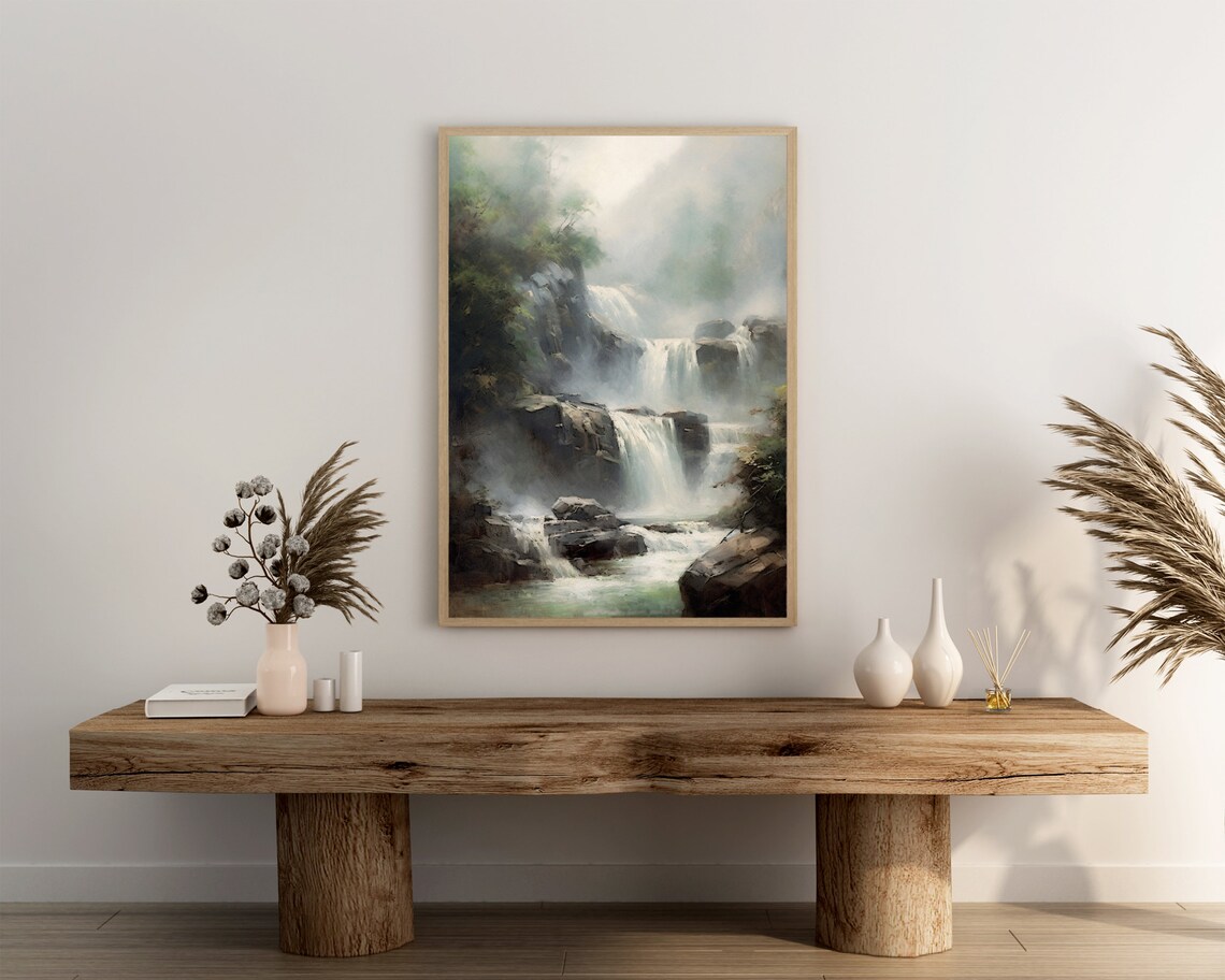 Misty Tiered Waterfall Oil Painting in a Forest Gorge Poster - Image 3