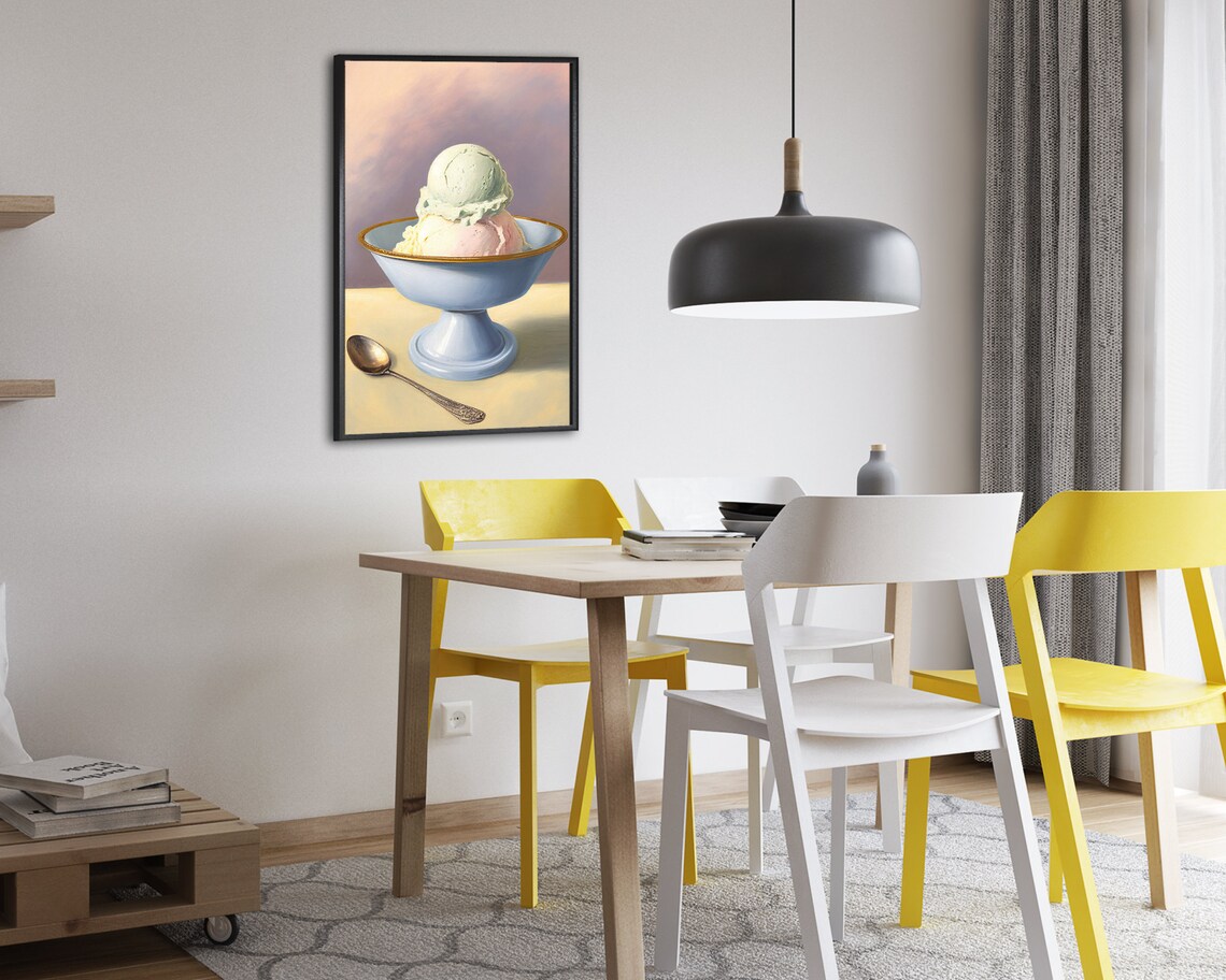 Ice Cream Scoops In Blue Bowl With Gold Rim Vintage Still Life Poster - Image 2