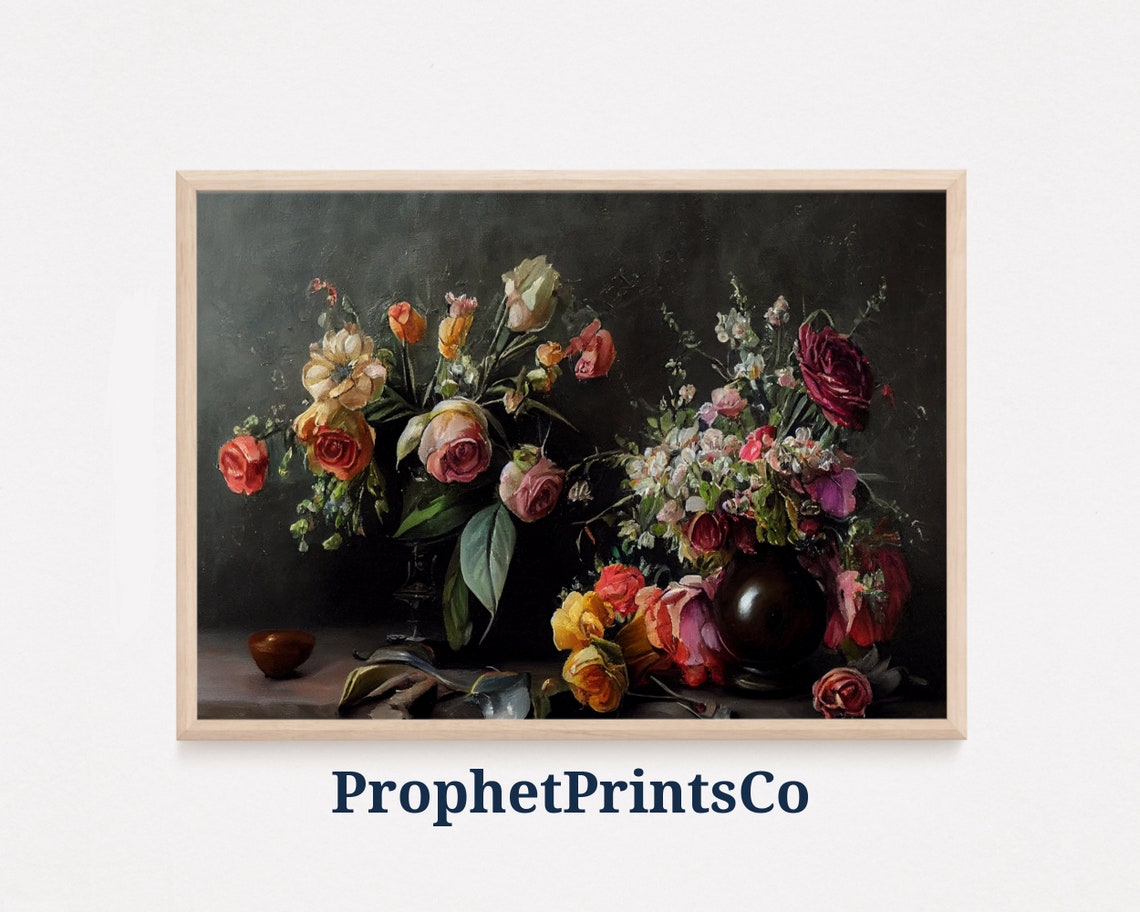 Moody Vintage Rose and Dahlia Still Life with Dark Vases Poster