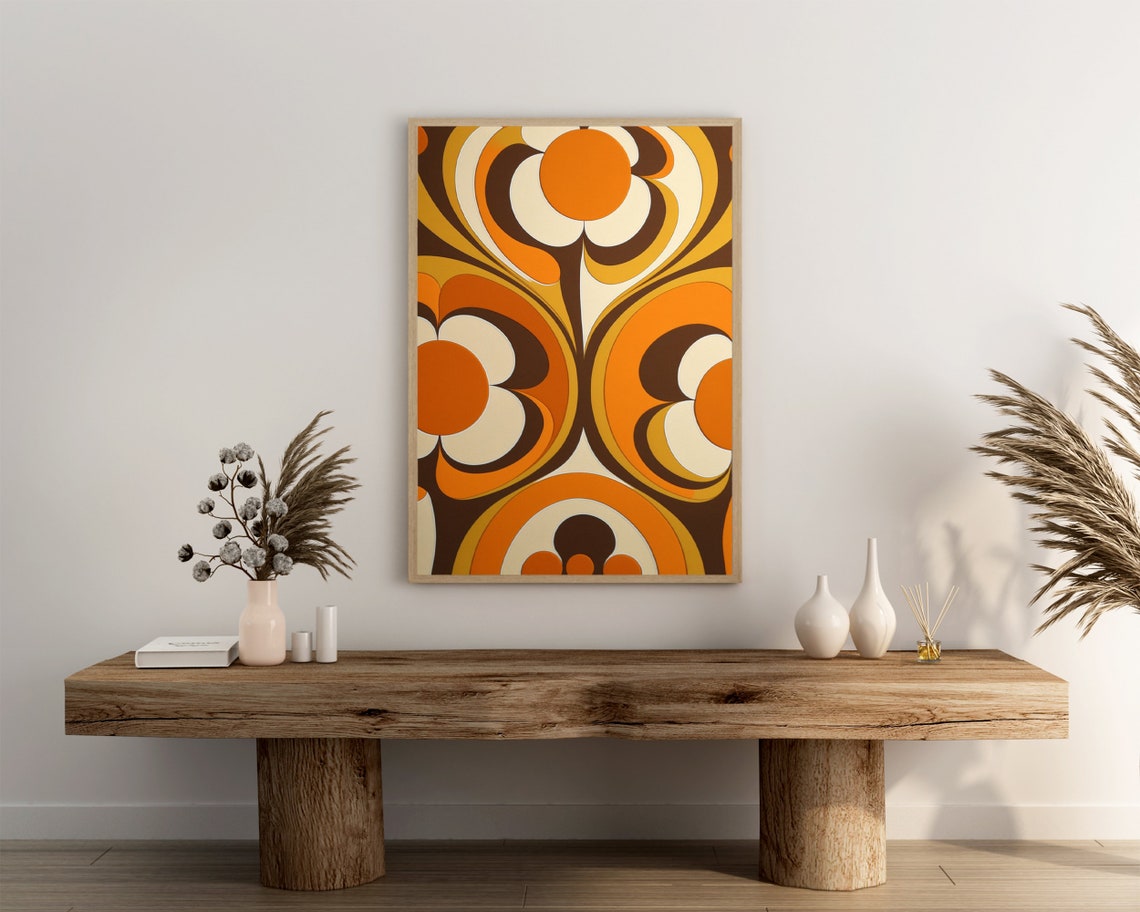 Retro 70s Flower Power Pattern Orange Brown Cream Floral Poster - Image 3