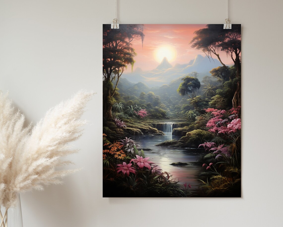 Sunset River Waterfall Pink Flowers Mountain Painting Poster - Image 2