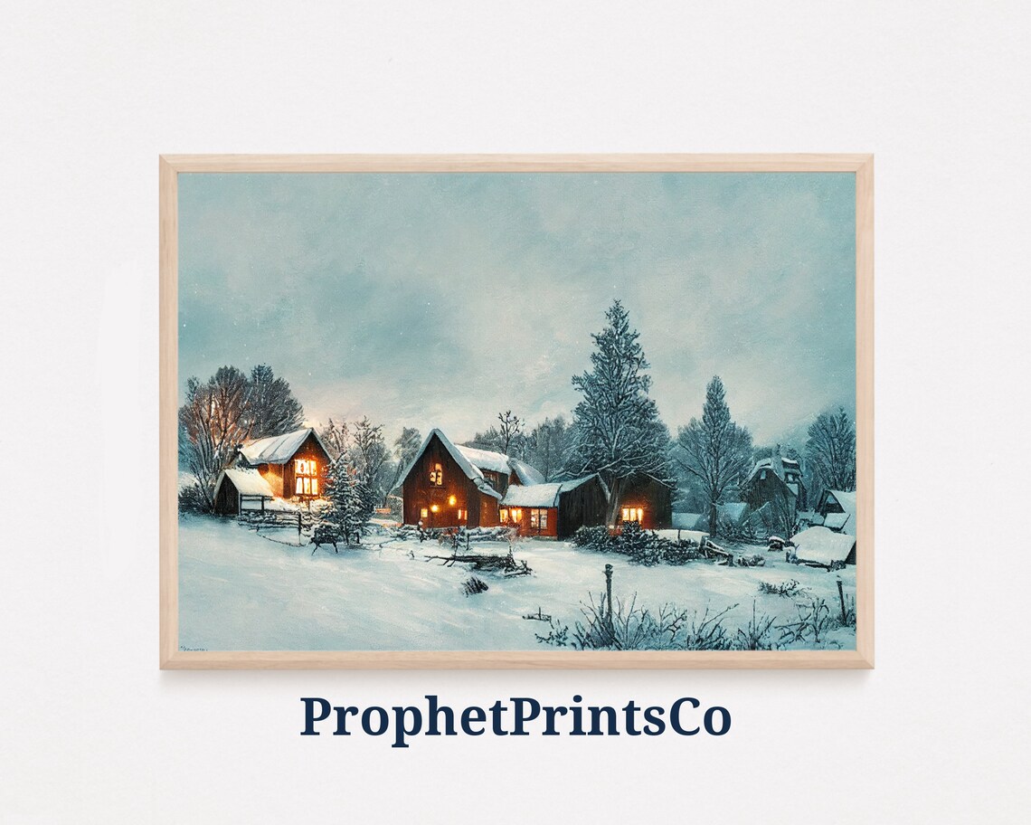 Snowy Village Cabins with Warm Lights Winter Twilight Art Poster