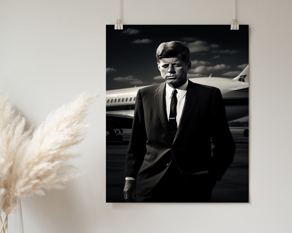 John F Kennedy Black And White Portrait Before Airplane Poster - Image 2