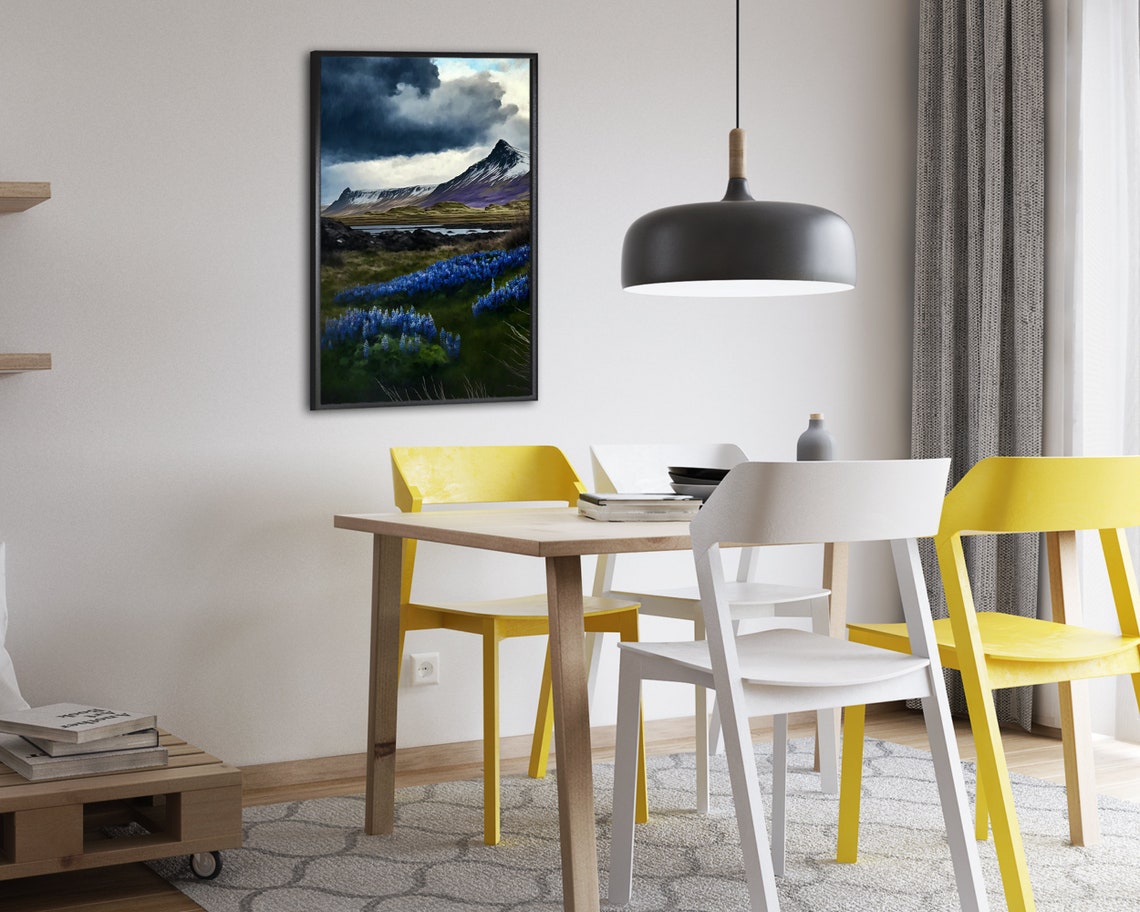 Stormy Sky Over Snowy Peaks and Blue Lupine Flower Meadow Poster - Image 2