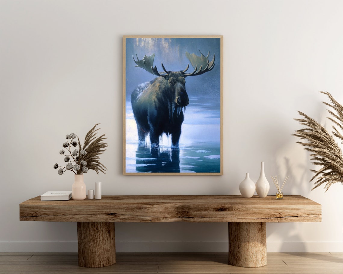 Bull Moose With Wide Antlers in Misty Blue Water Wildlife Poster - Image 3