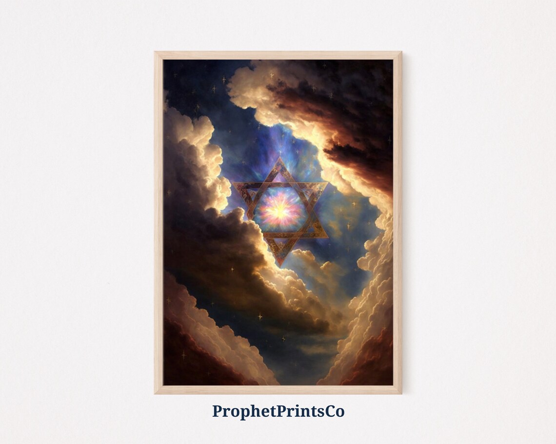 Celestial Star of David With Cosmic Light Burst in Clouds Poster