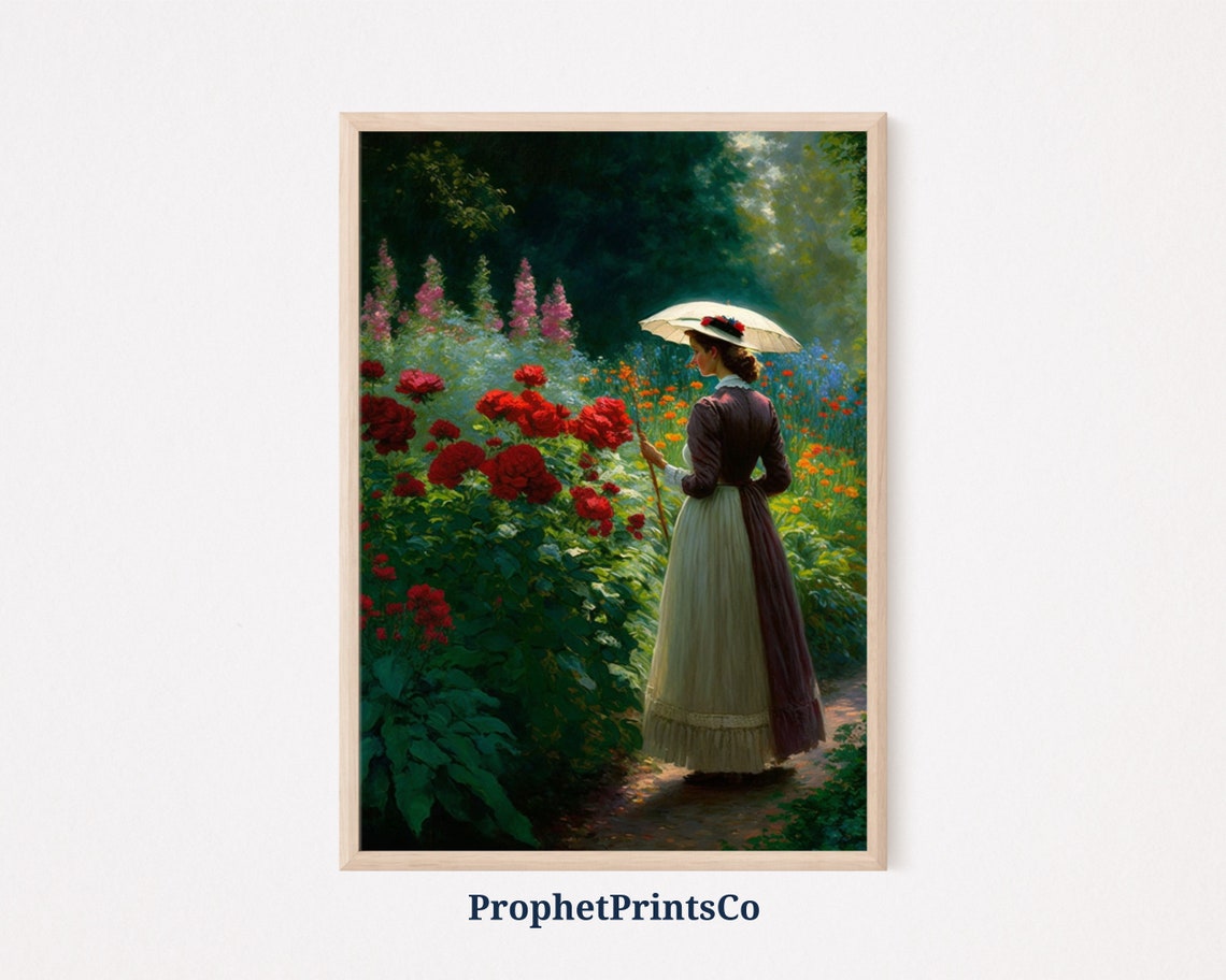 Lady With a Parasol Among Crimson Roses in a Lush Flower Garden Poster