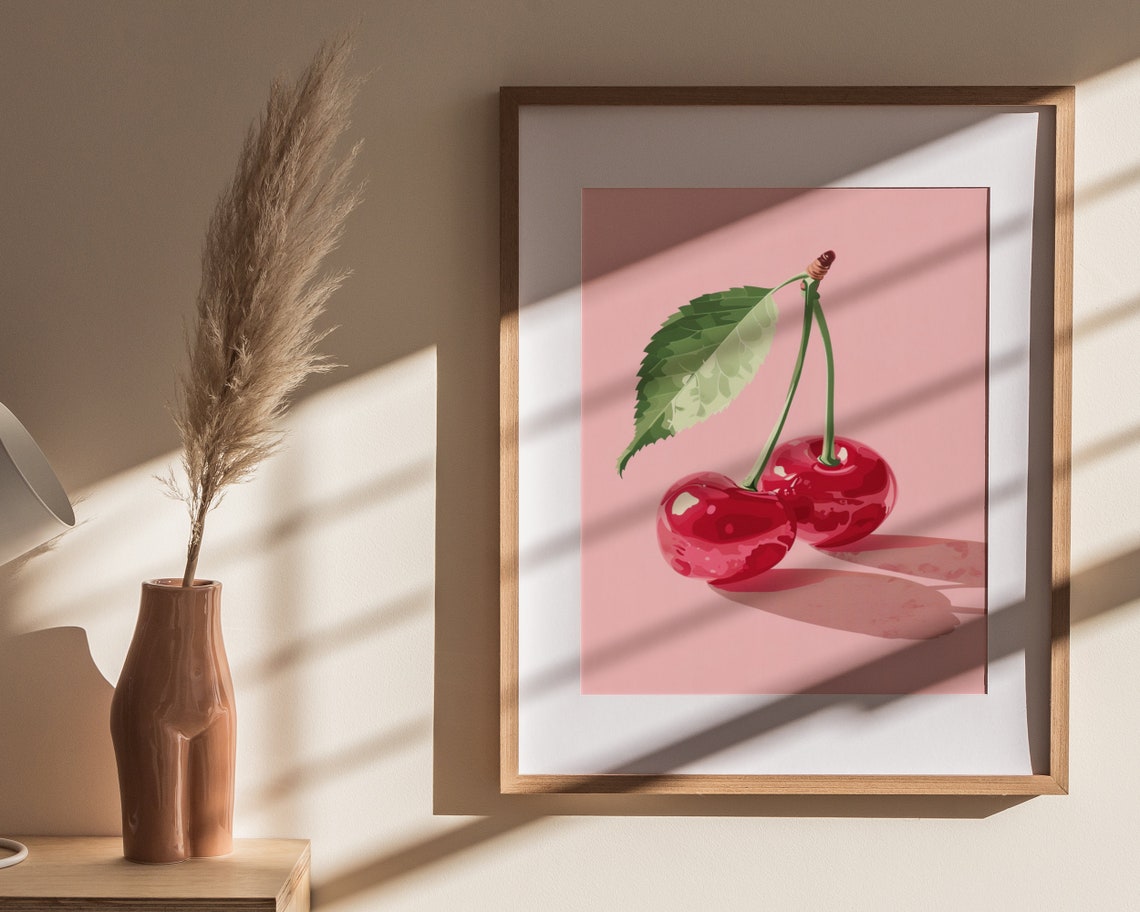 Shiny Red Cherries Green Leaf Pink Pop Art Sweet Kitchen Wall Poster - Image 4
