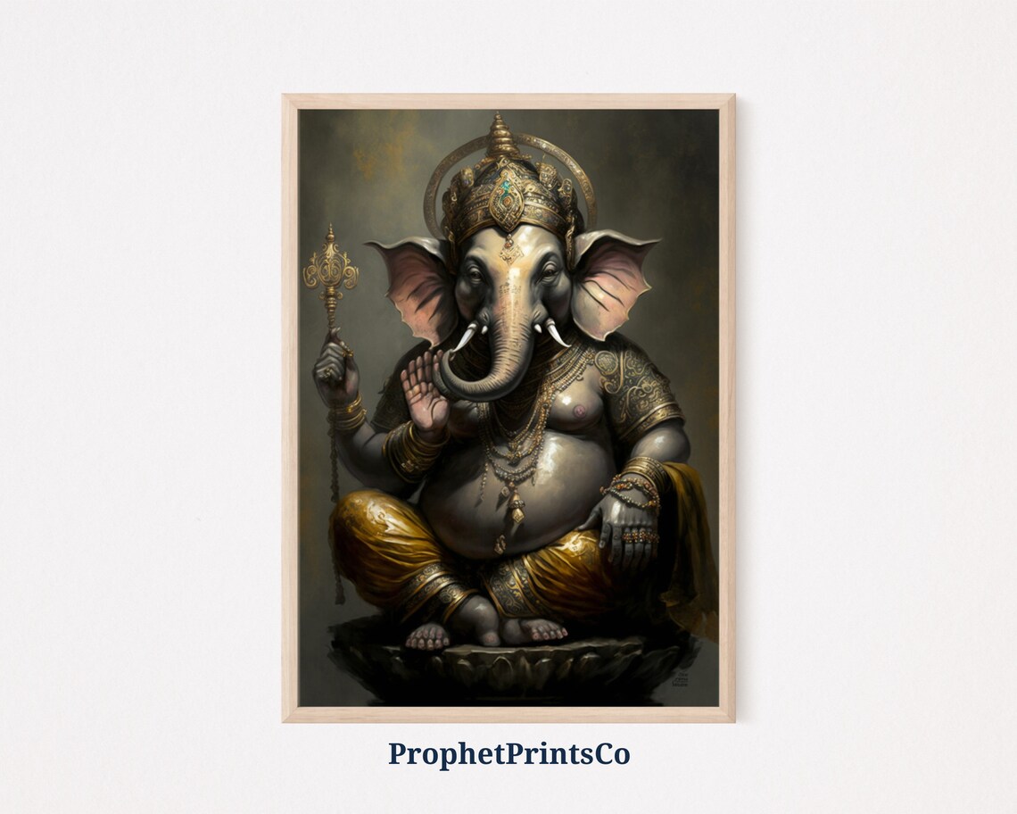 Lord Ganesh Golden Crown Blessing Mudra Metallic Hindu Art Poster