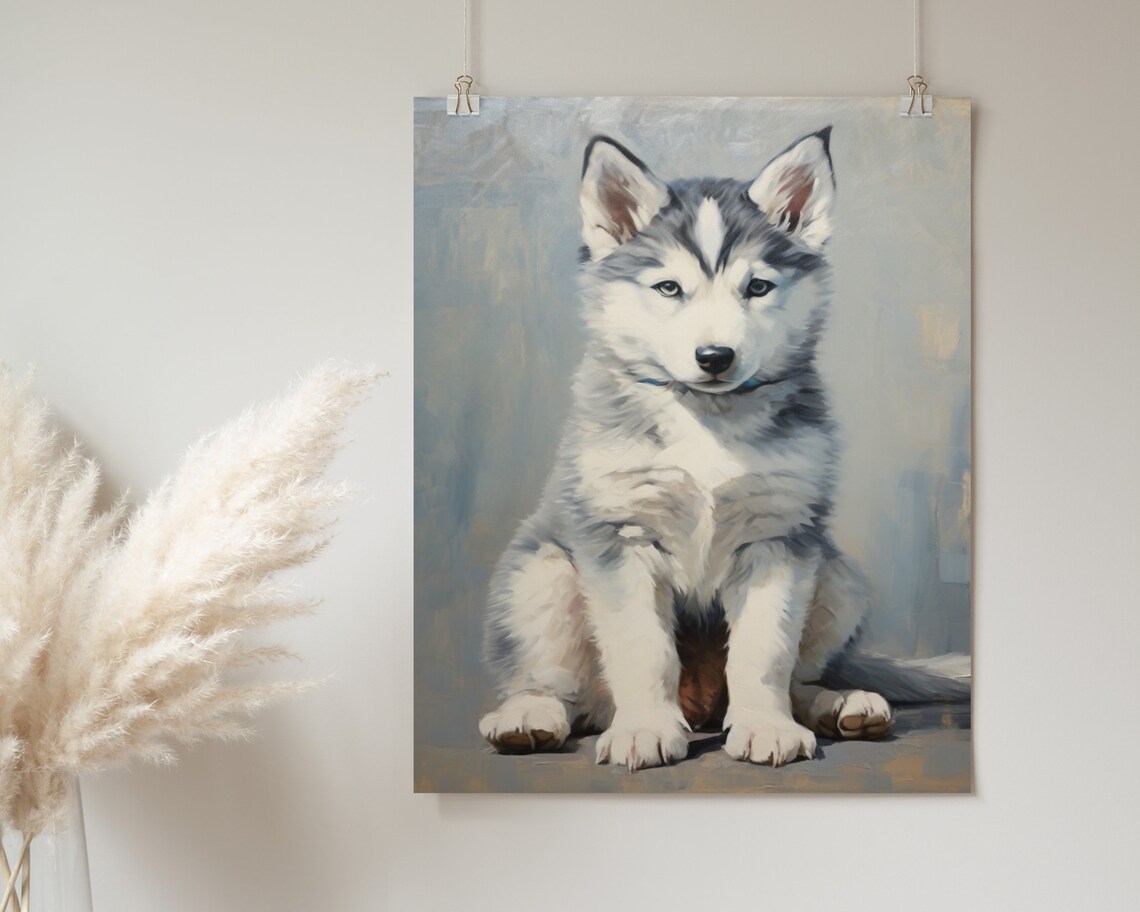 Siberian Husky Puppy Sitting Portrait Soft Gray Vintage Puppy Painting Poster - Image 2