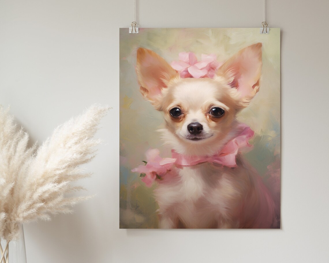 Chihuahua With Pink Bow Cute Floral Small Dog Portrait Art Poster - Image 2