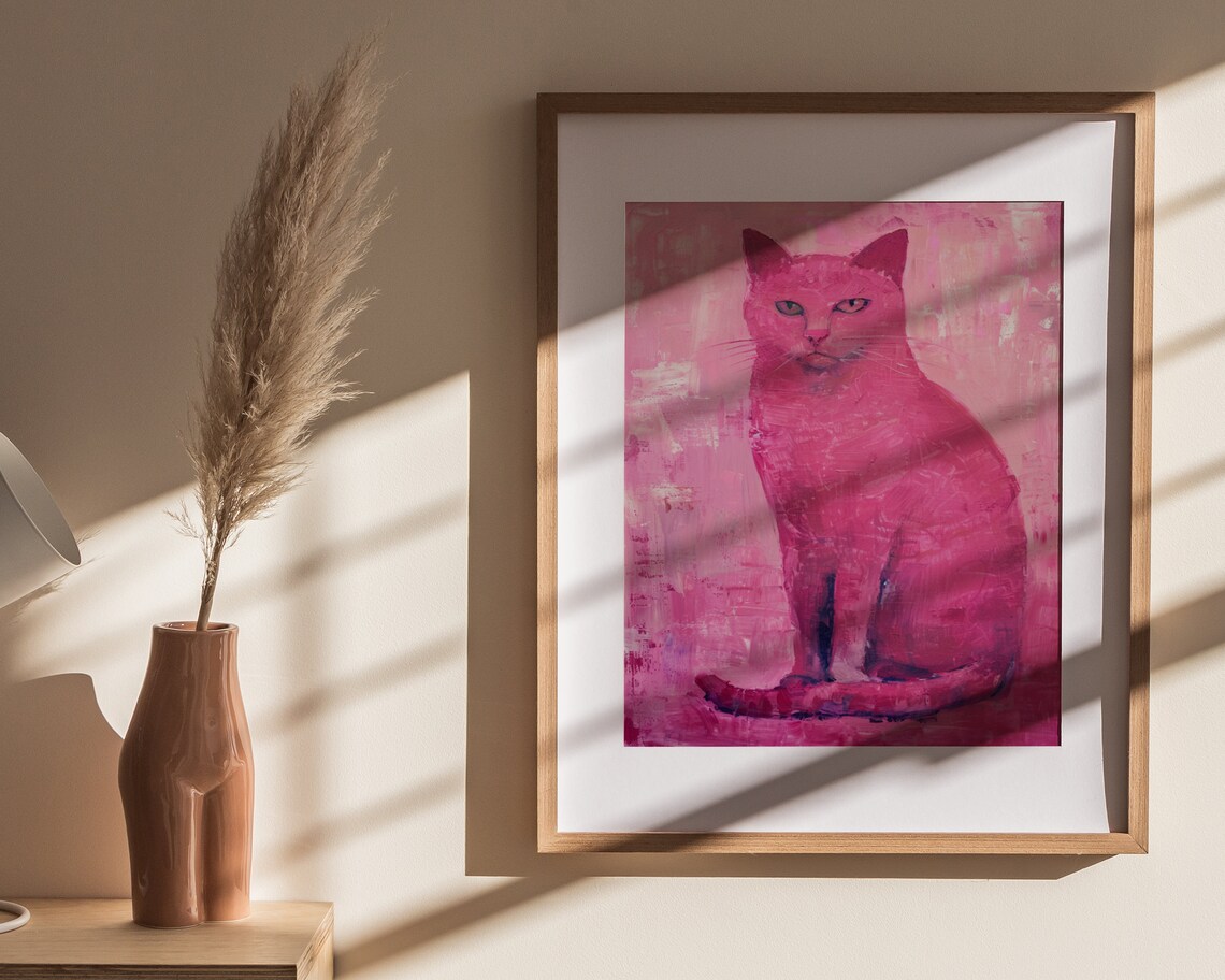 Pink Cat Oil Painting Vibrant Magenta Seated Trendy Glam Decor Poster - Image 4
