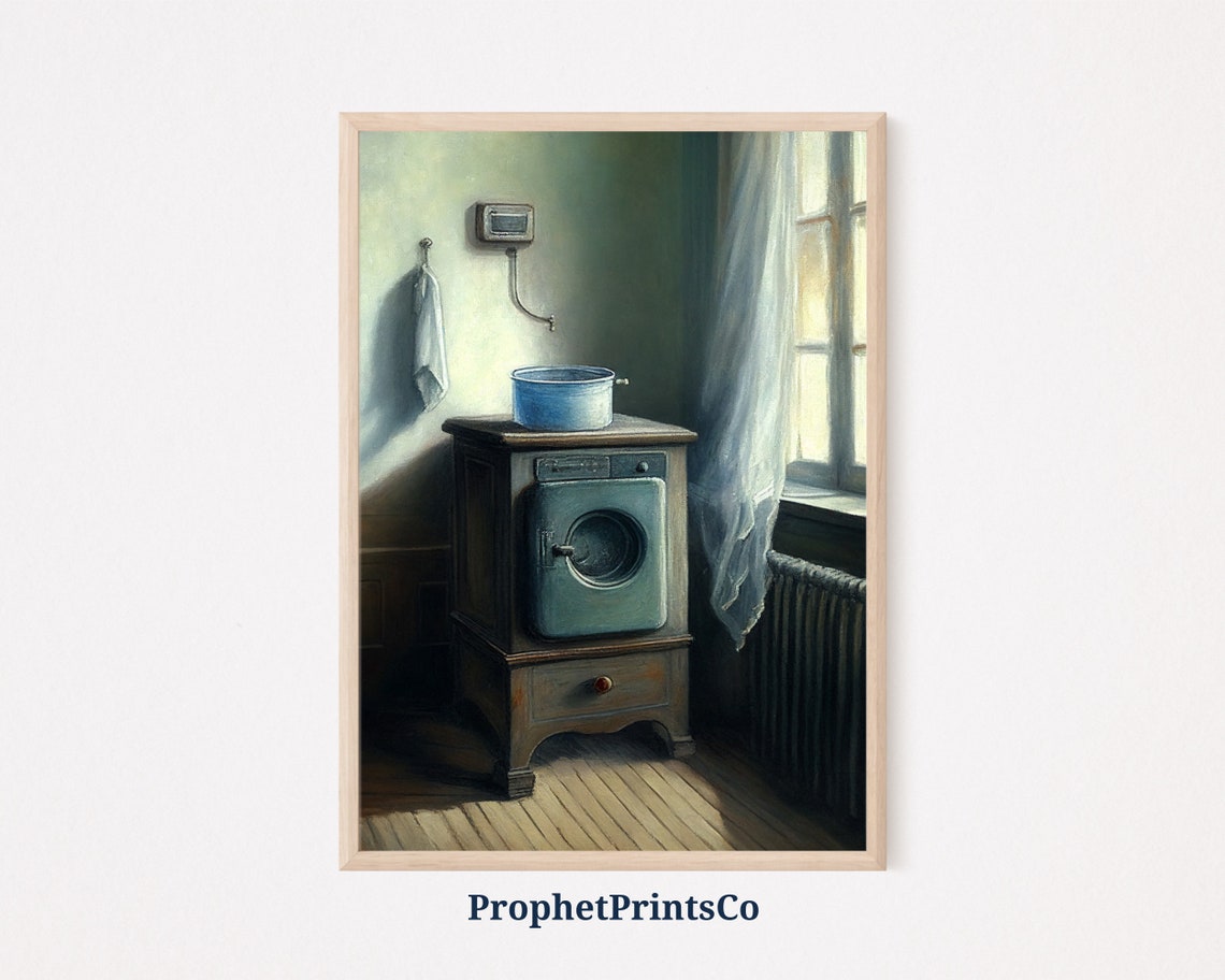 Moody Vintage Washer Oil Painting Dark Laundry Room Nostalgic Poster