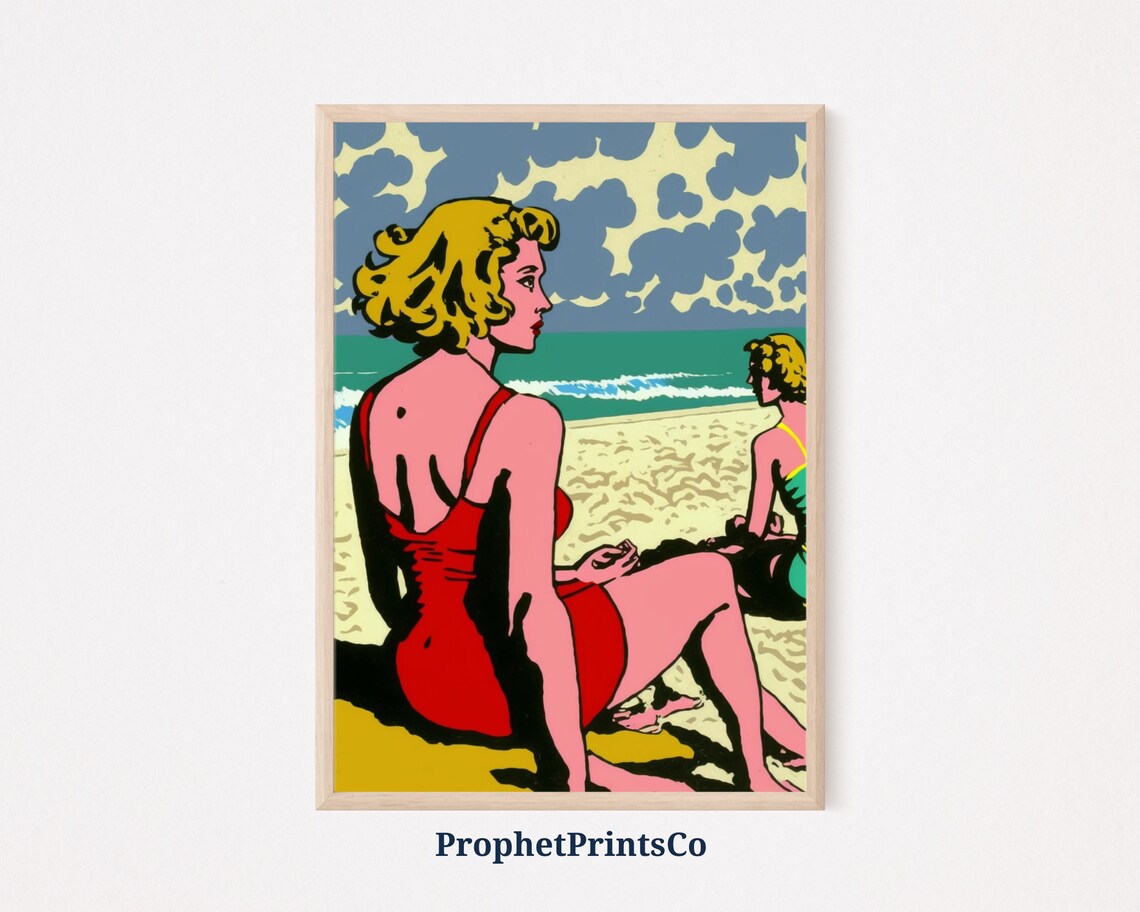 Two Women On Beach In Retro Red Swimsuits Vintage Pop Art Poster