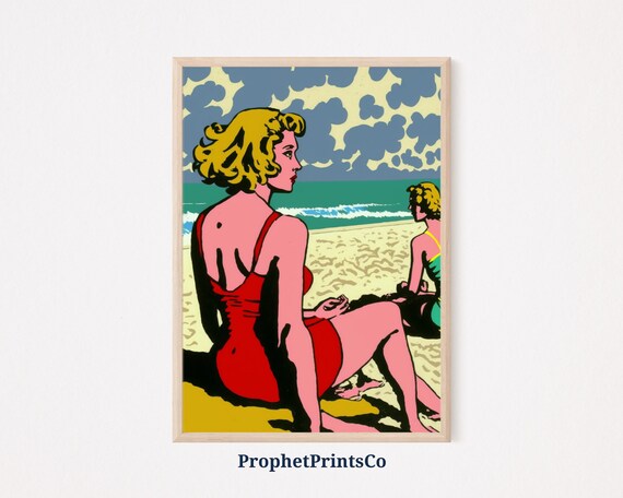 Two Women On Beach In Retro Red Swimsuits Vintage Pop Art Poster