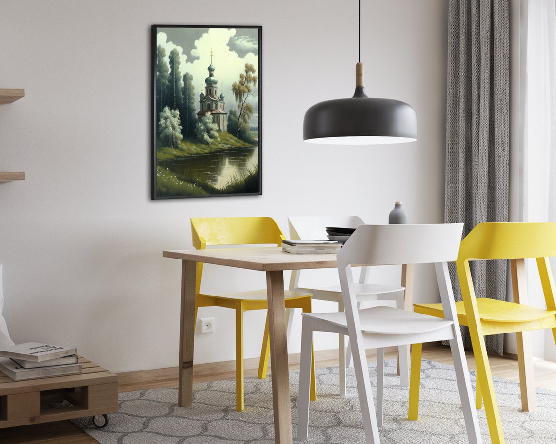 Blue Domed Orthodox Church Riverside Birch Trees Calm Art Poster - Image 2