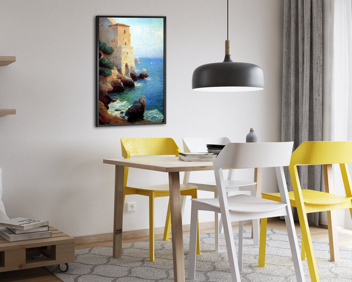 Stone Tower on a Rocky Coast Above the Blue Sea Painting Poster - Image 2