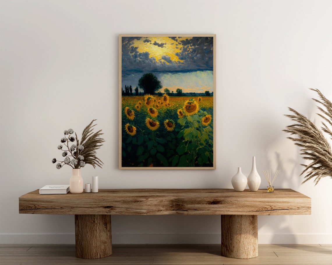 Sunflower Field Glowing at Sunset Under Dramatic Golden Clouds Poster - Image 3